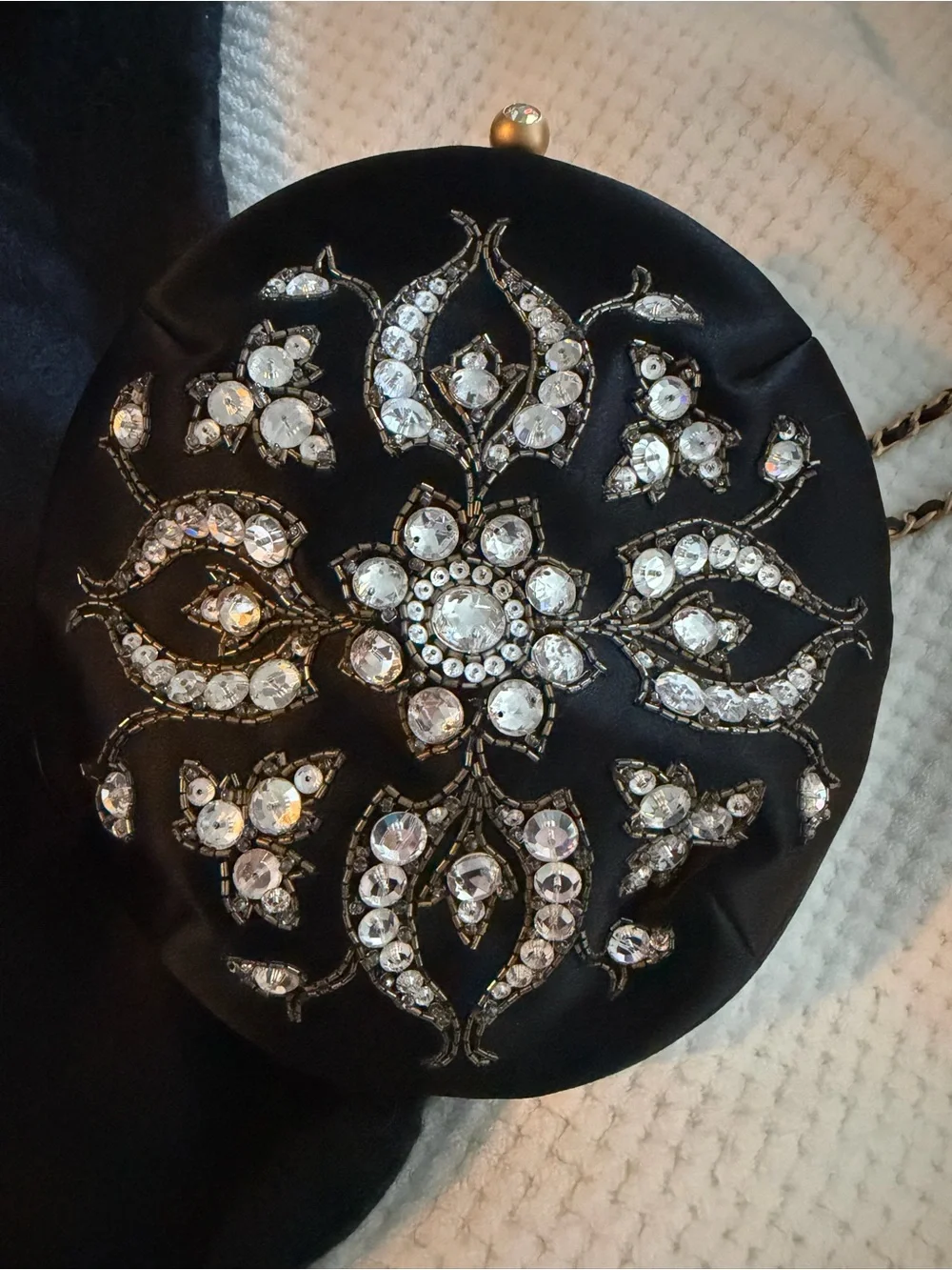Vintage Chanel Black Jeweled Satin Round Evening Bag
